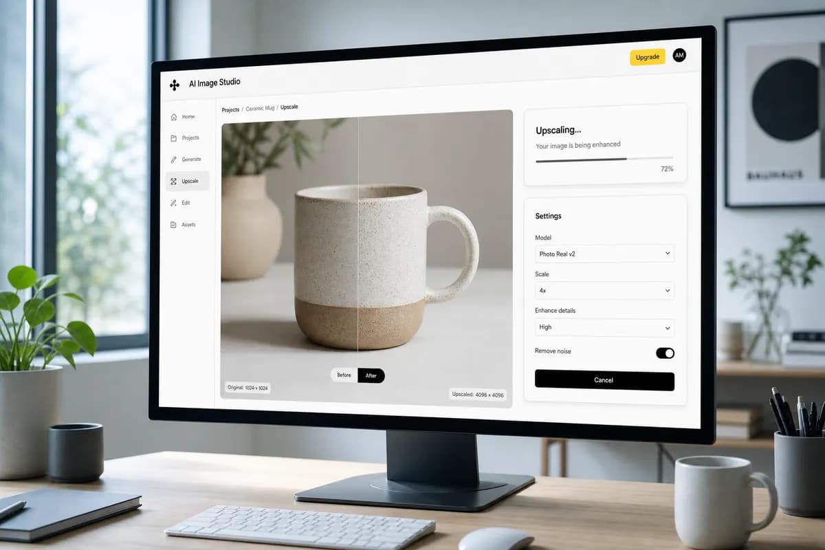 Designer reviewing generated product photos on a studio display